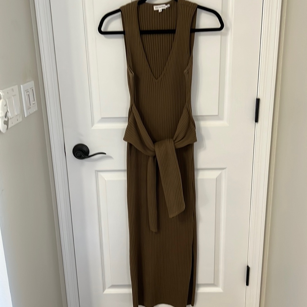 Good American Olive Green v neck sweater dress with front tie and side slits